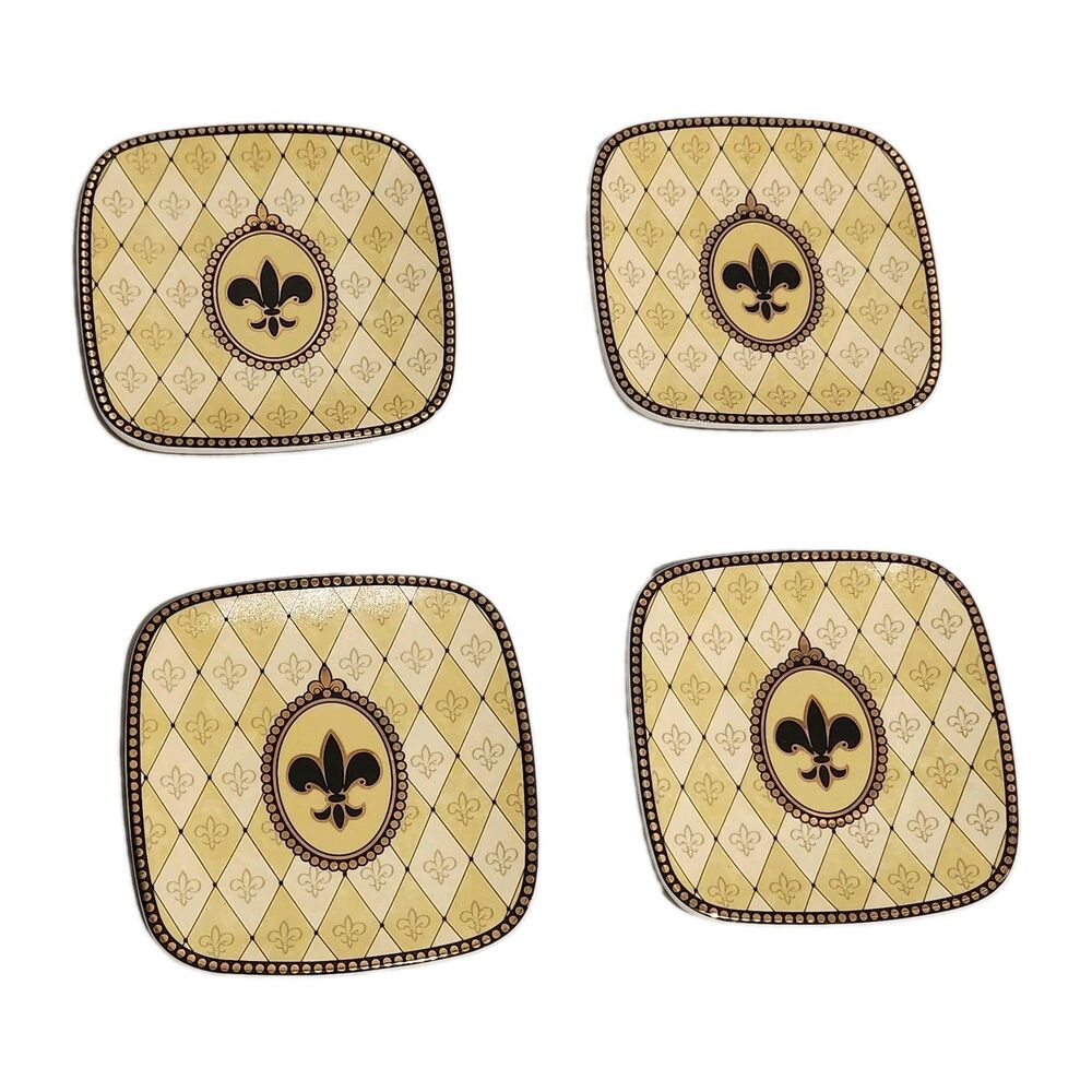 Set of 4 Mud Pie Fleur de Lys 4" X 5" Dessert Plates